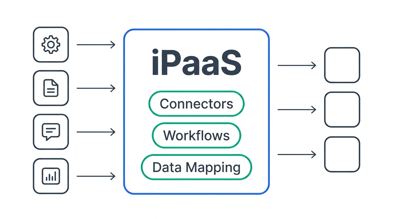 Diagram showing four source applications connecting into a central iPaaS box containing Connectors, Workflows, and Data Mapping components, which then connects out to three destination systems