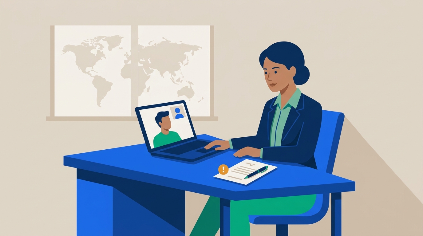 Illustration of a remote employee at a home desk on a video call with a contract and pen on the desk, suggesting a deal about to be finalized from a location outside the employer's home country