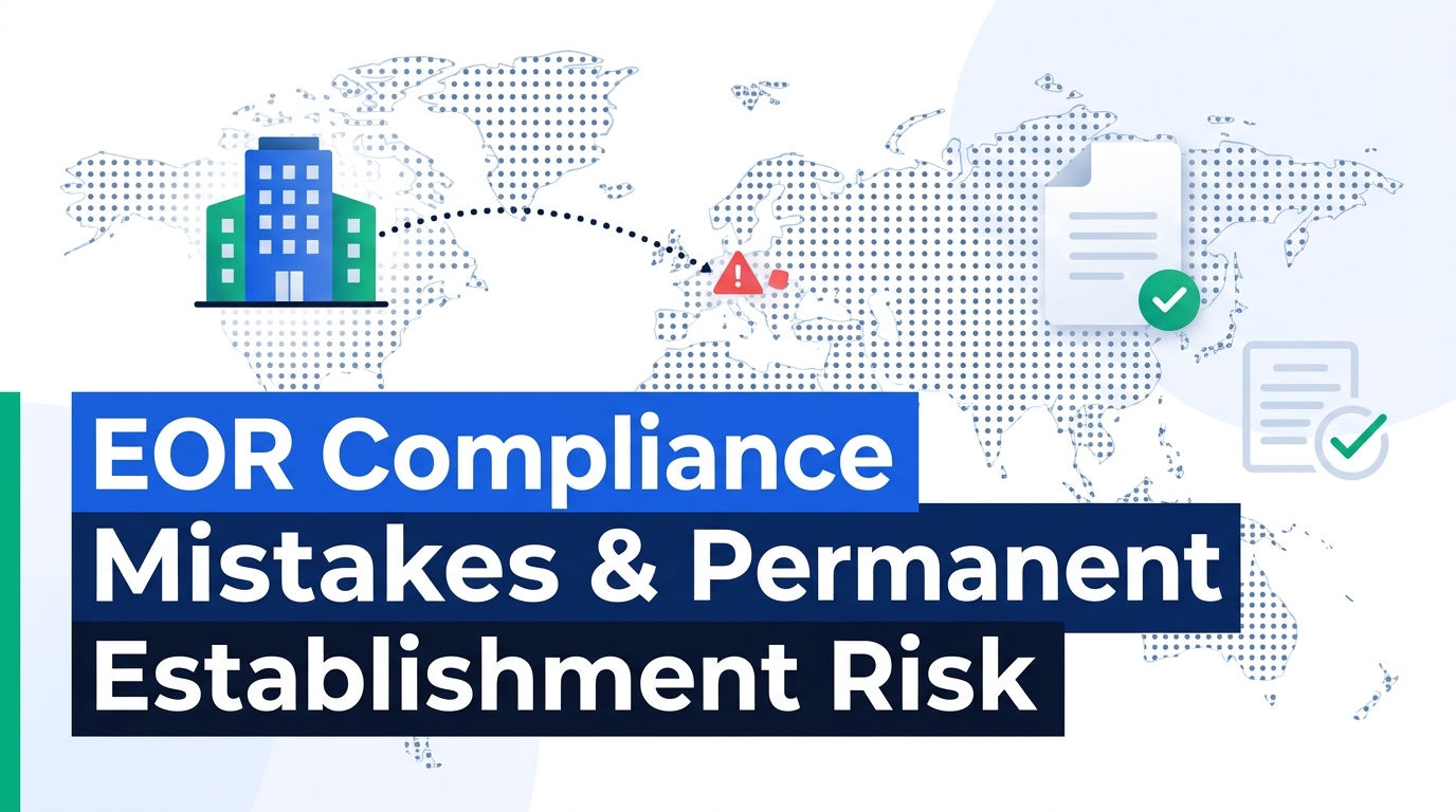 Illustration titled 'EOR Compliance Mistakes & Permanent Establishment Risk' showing an office building connected by a dotted line across a world map to a warning icon in a foreign country, next to compliance document icons