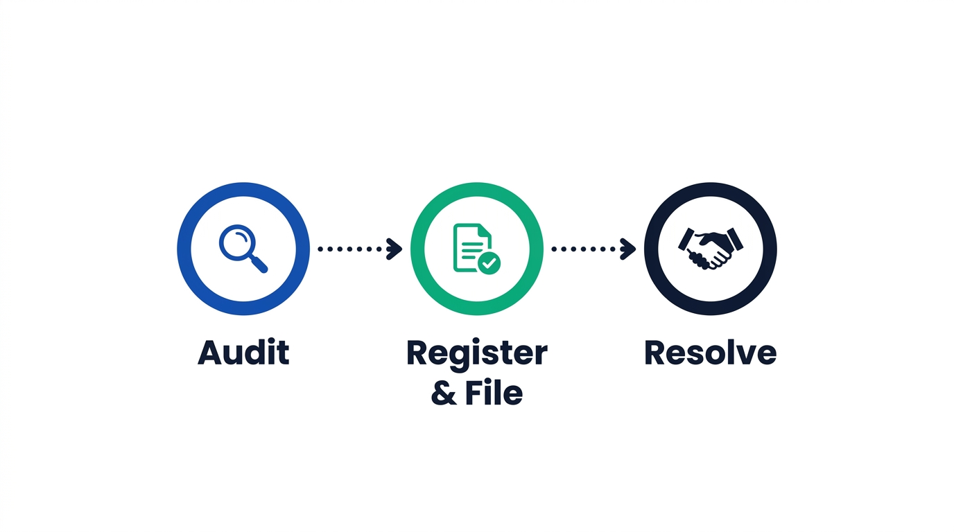 Three-step diagram showing the remediation path for permanent establishment exposure: Audit, Register and File, Resolve