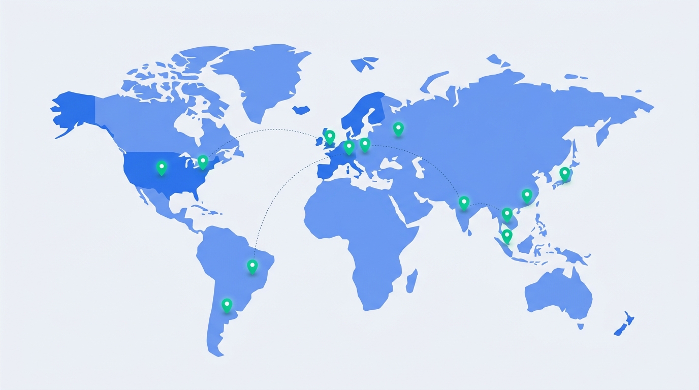 Stylized minimalist world map illustration in blue and emerald tones with location pin markers scattered across North America, Europe, South Asia, Southeast Asia, and South America, representing global EOR hiring coverage