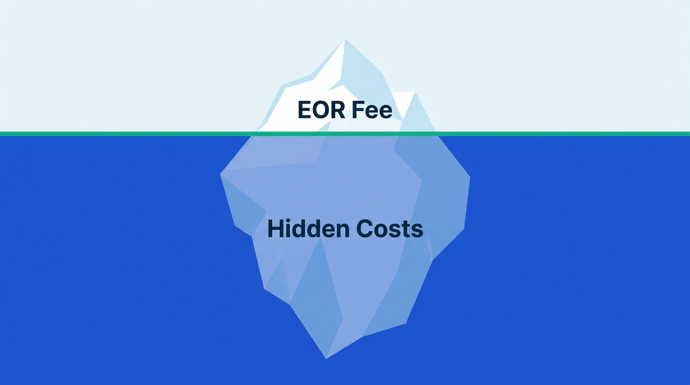 Illustration of an iceberg above and below a waterline: a small visible peak labeled 'EOR Fee' above the water, with a much larger submerged mass labeled 'Hidden Costs' below, in blue tones against a pale sky
