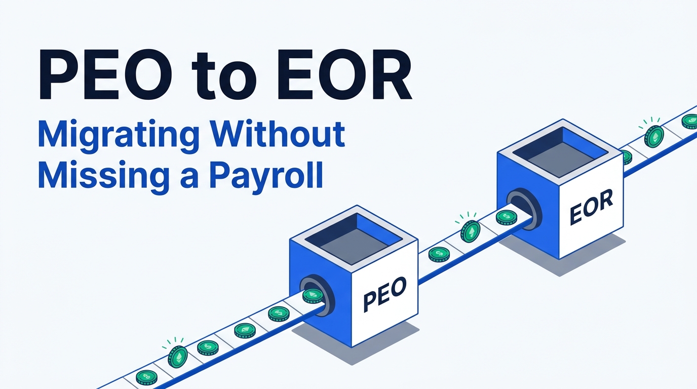 Illustration of an unbroken pipeline of payroll tokens flowing from a container labeled PEO into a container labeled EOR, with the headline 'PEO to EOR: Migrating Without Missing a Payroll'