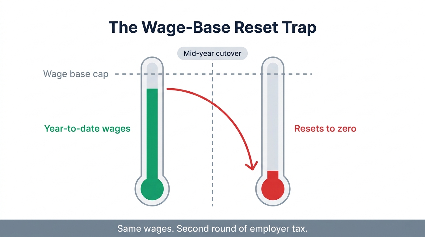 Diagram showing year-to-date wages accumulating toward a wage base cap, then resetting to zero at a mid-year cutover, with the caption 'Same wages. Second round of employer tax.'