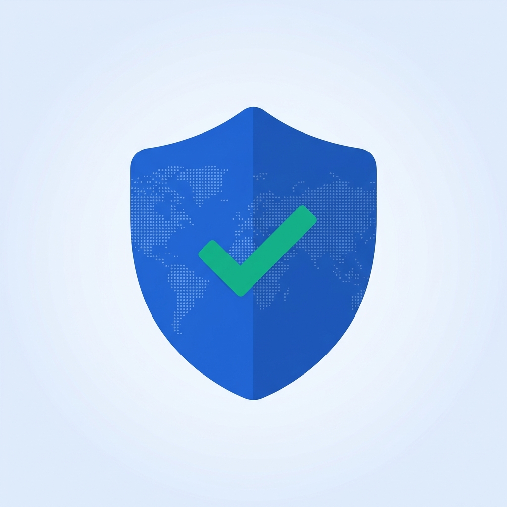 Minimalist illustration of a shield with a checkmark and a faint world map pattern, symbolizing compliance protection in global employment