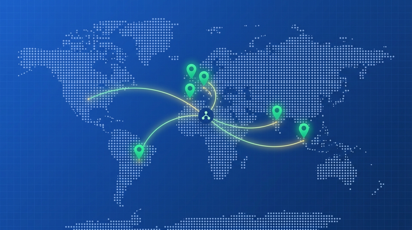 Minimalist world map illustration with five glowing connection points linked to a central hub, representing a distributed remote team across five countries, in blue and emerald tones