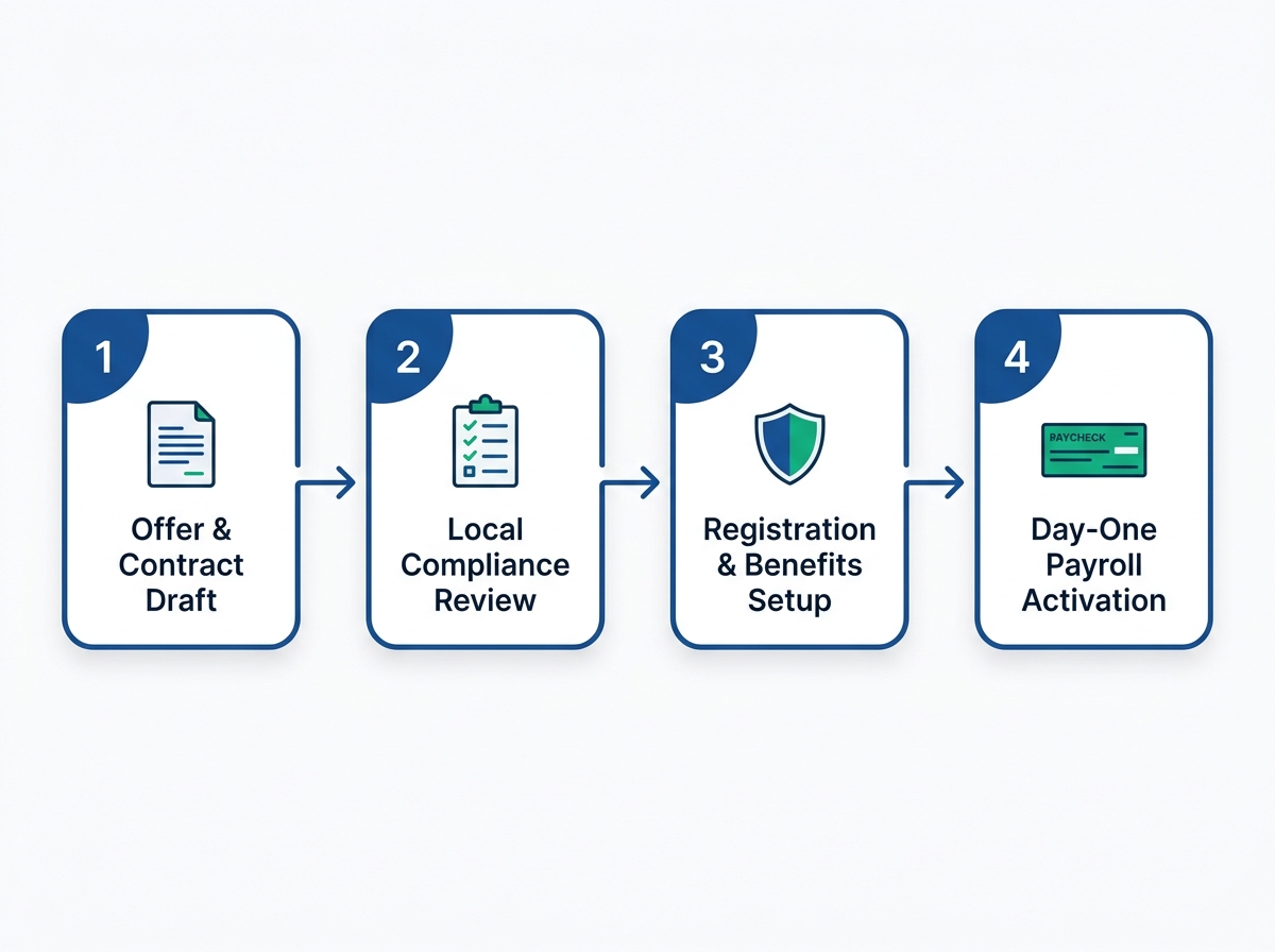 Four-step flow diagram of the EOR onboarding process: Offer and Contract Draft, Local Compliance Review, Registration and Benefits Setup, and Day-One Payroll Activation, connected by arrows