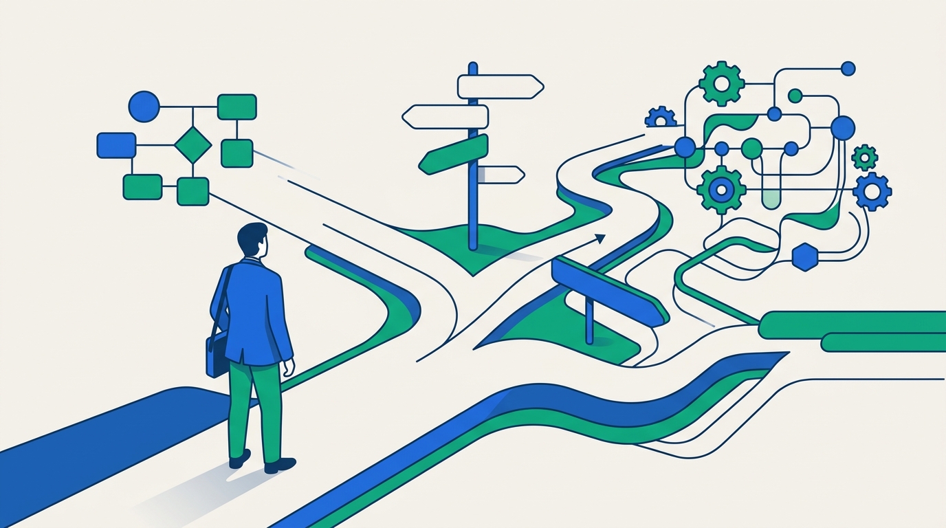 Illustration of an operations professional standing at a branching path with blank signpost markers and a tangle of workflow diagrams and gears representing increasing complexity ahead