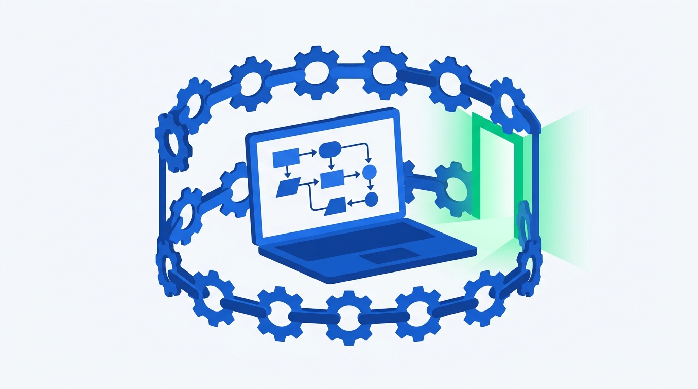 Illustration of a laptop showing a workflow diagram, enclosed by a ring of interlocking gear-shaped chain links with one gap glowing green like an open exit door