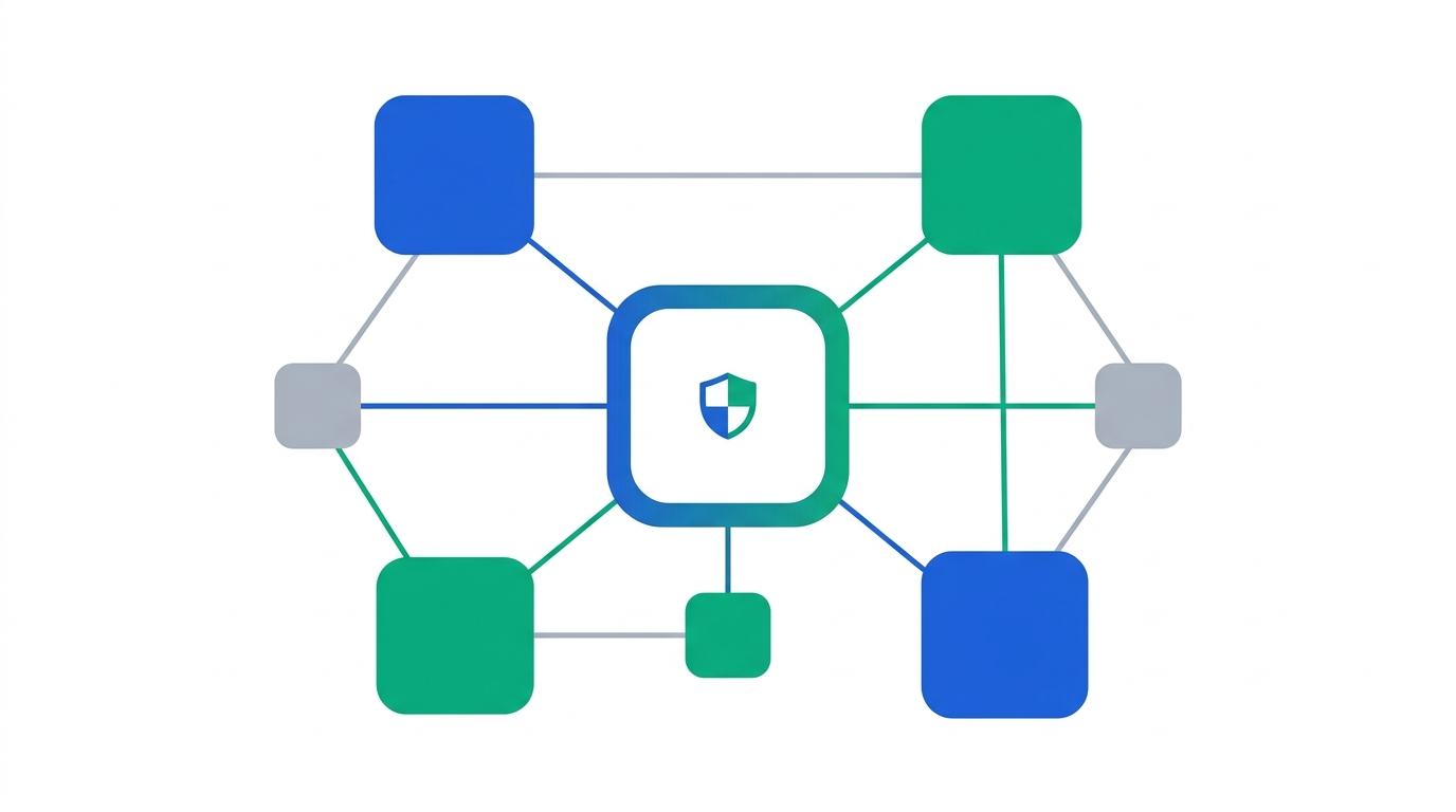Abstract network diagram of connected nodes representing different AI vendor options radiating from a central shield icon, illustrating the range of paths to a HIPAA-eligible AI deployment