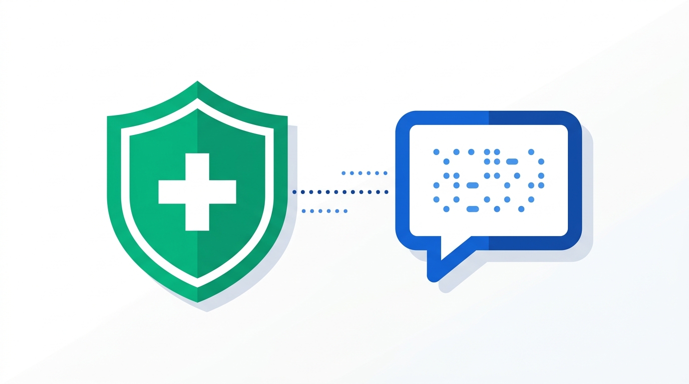 Abstract illustration of a medical shield connected by a dotted line to a chat bubble containing encrypted data points, representing protected health information flowing into an AI tool under a signed agreement