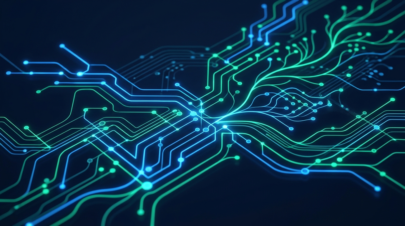 Abstract illustration of glowing blue and emerald network pathways representing interconnected automated systems