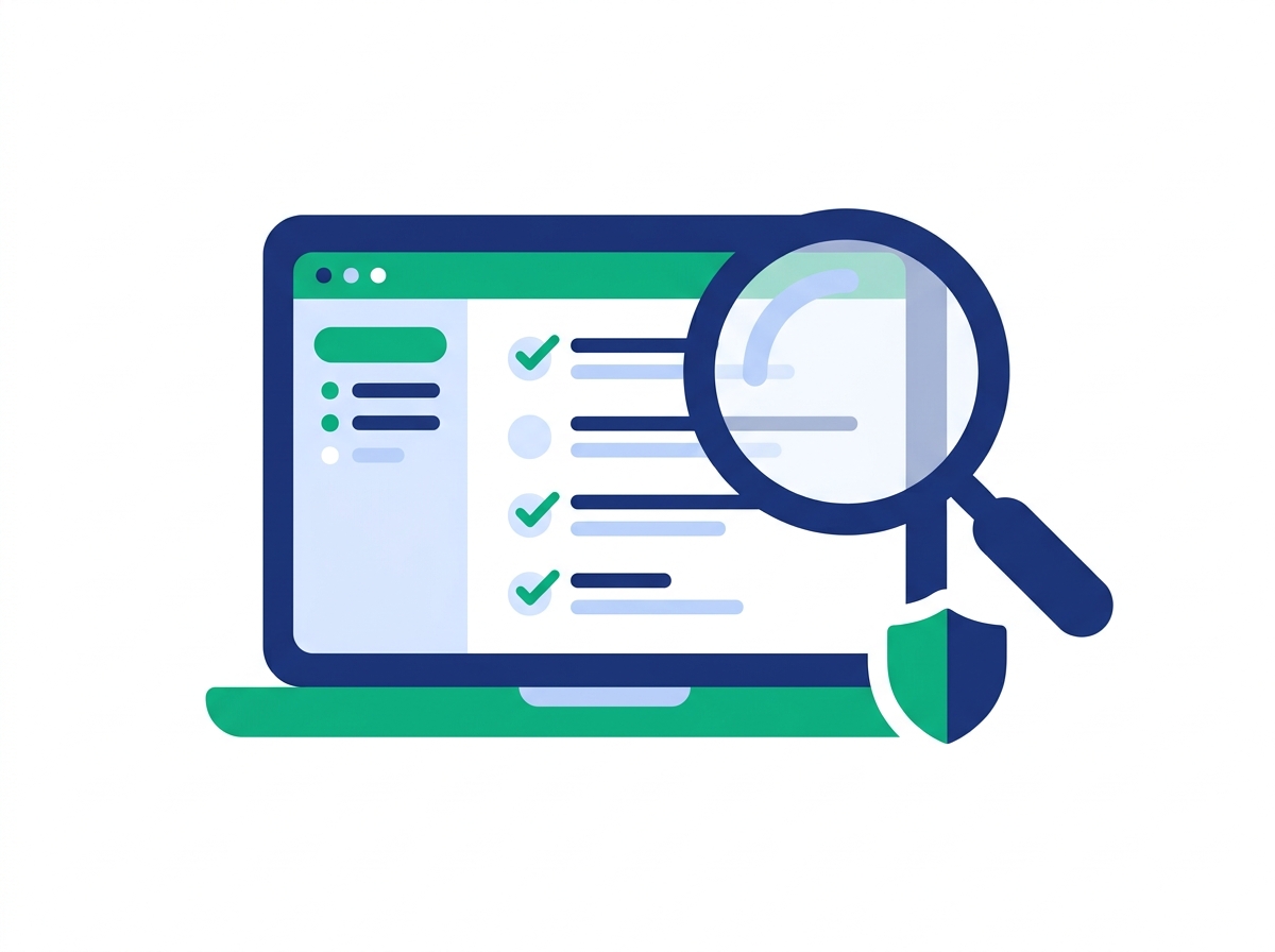 Illustration of a laptop displaying a checklist being reviewed with a magnifying glass and a shield icon, representing an enterprise buyer's security review