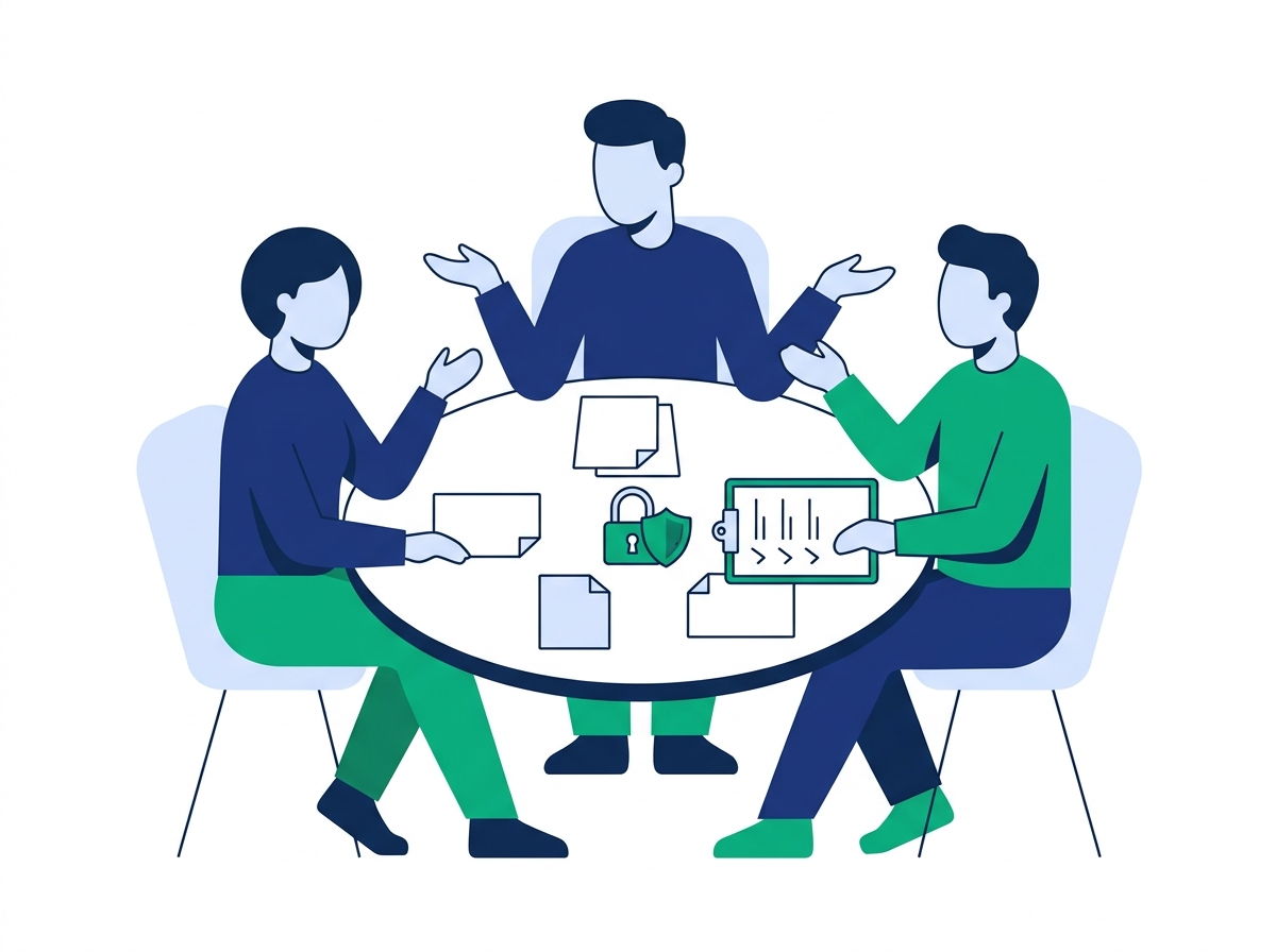 Illustration of a small team collaborating around a table covered with document icons and a padlock and shield icon, representing a startup preparing evidence for a SOC 2 audit