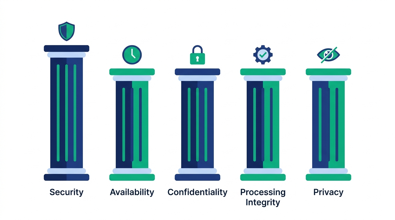 Infographic showing five pillars labeled Security, Availability, Confidentiality, Processing Integrity, and Privacy, with the Security pillar drawn taller to indicate it is the only mandatory criterion