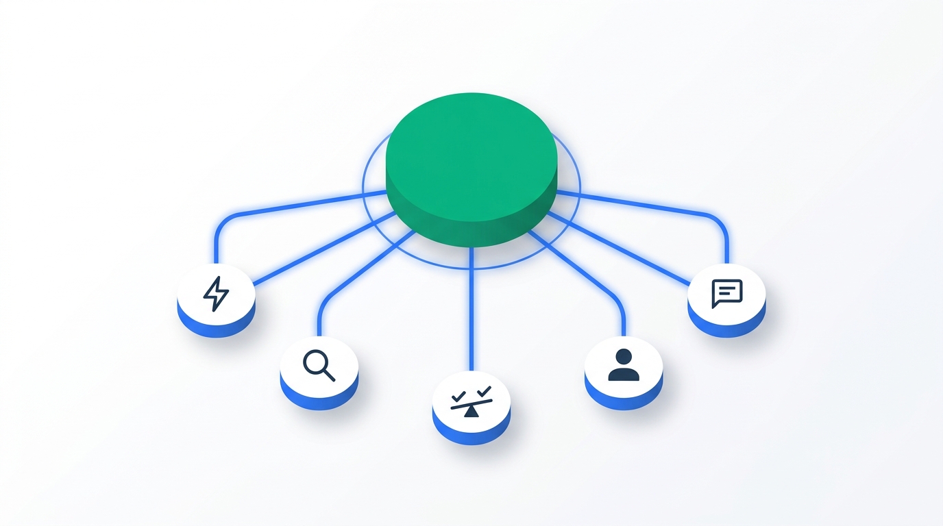 Abstract diagram of a central automation hub branching out to five connected nodes representing the trigger, enrichment, scoring, assignment, and notification stages of the scenario