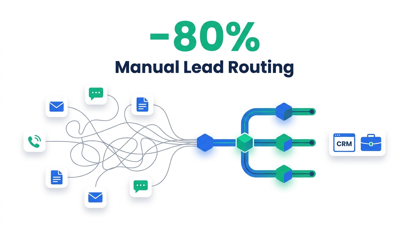 Illustration showing scattered inbound lead icons on tangled gray lines funneling into an organized blue and emerald automated pipeline toward a CRM icon, with text reading -80% Manual Lead Routing