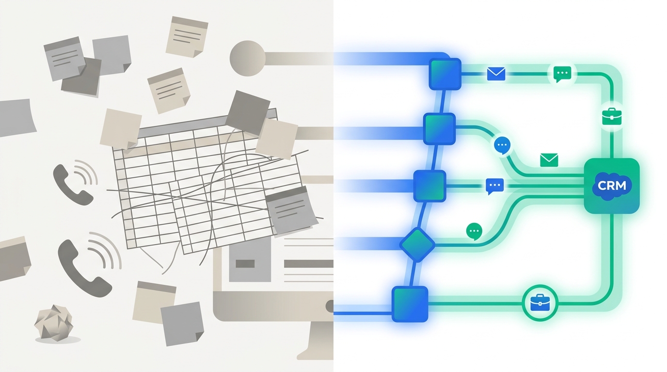 Split illustration contrasting a cluttered manual process of sticky notes, spreadsheets, and phone calls on the left with a clean organized automated pipeline routing leads to a CRM on the right