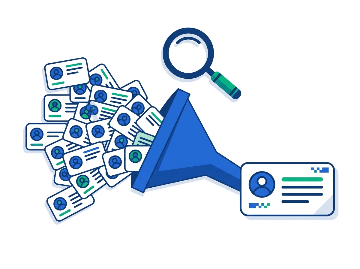 Illustration of a messy pile of overlapping contact cards being merged through a filter into a single clean record.