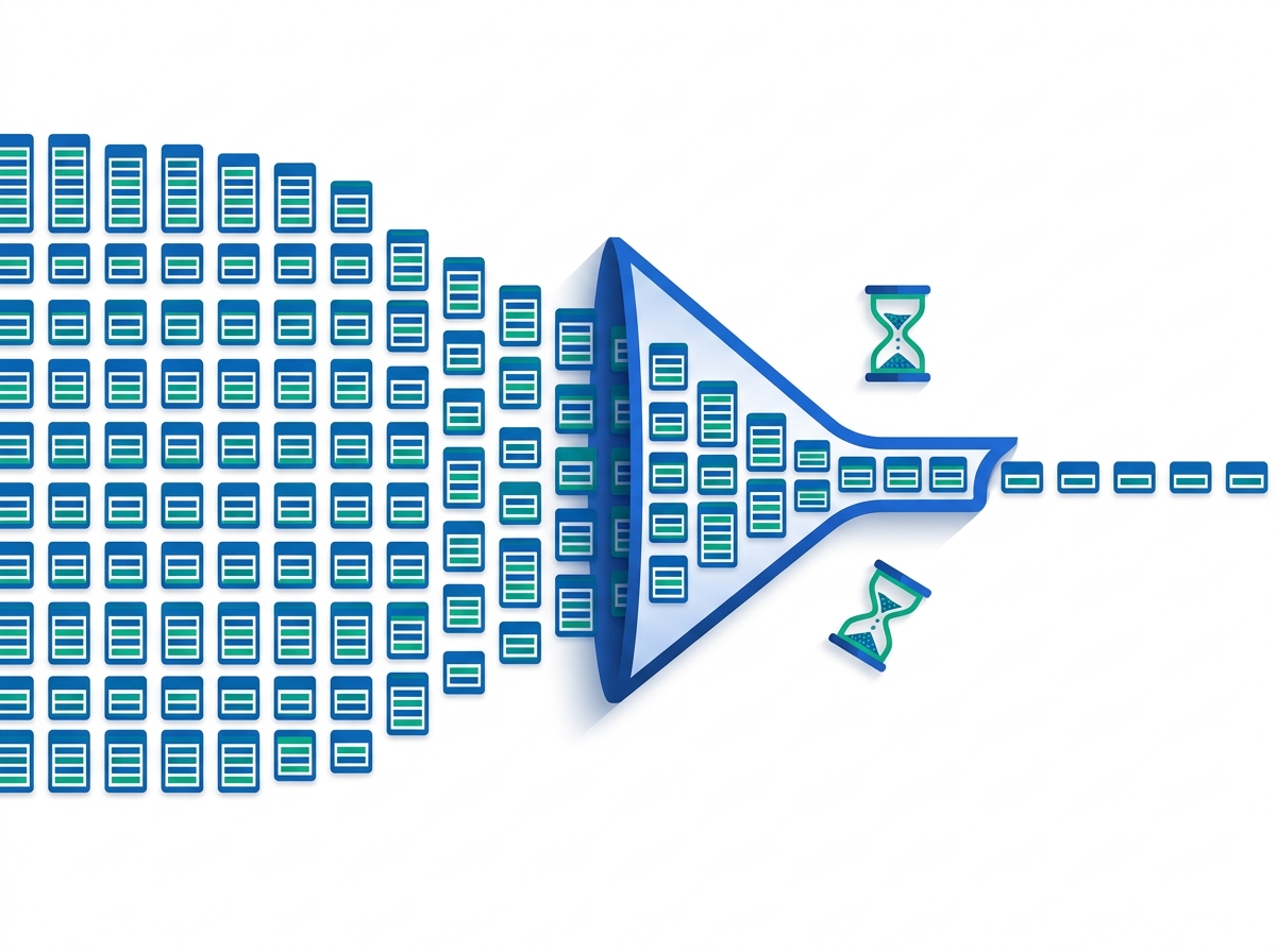 Illustration of a large stream of data rows narrowing through a funnel into a slow trickle, representing an API rate limit throttling a sync.