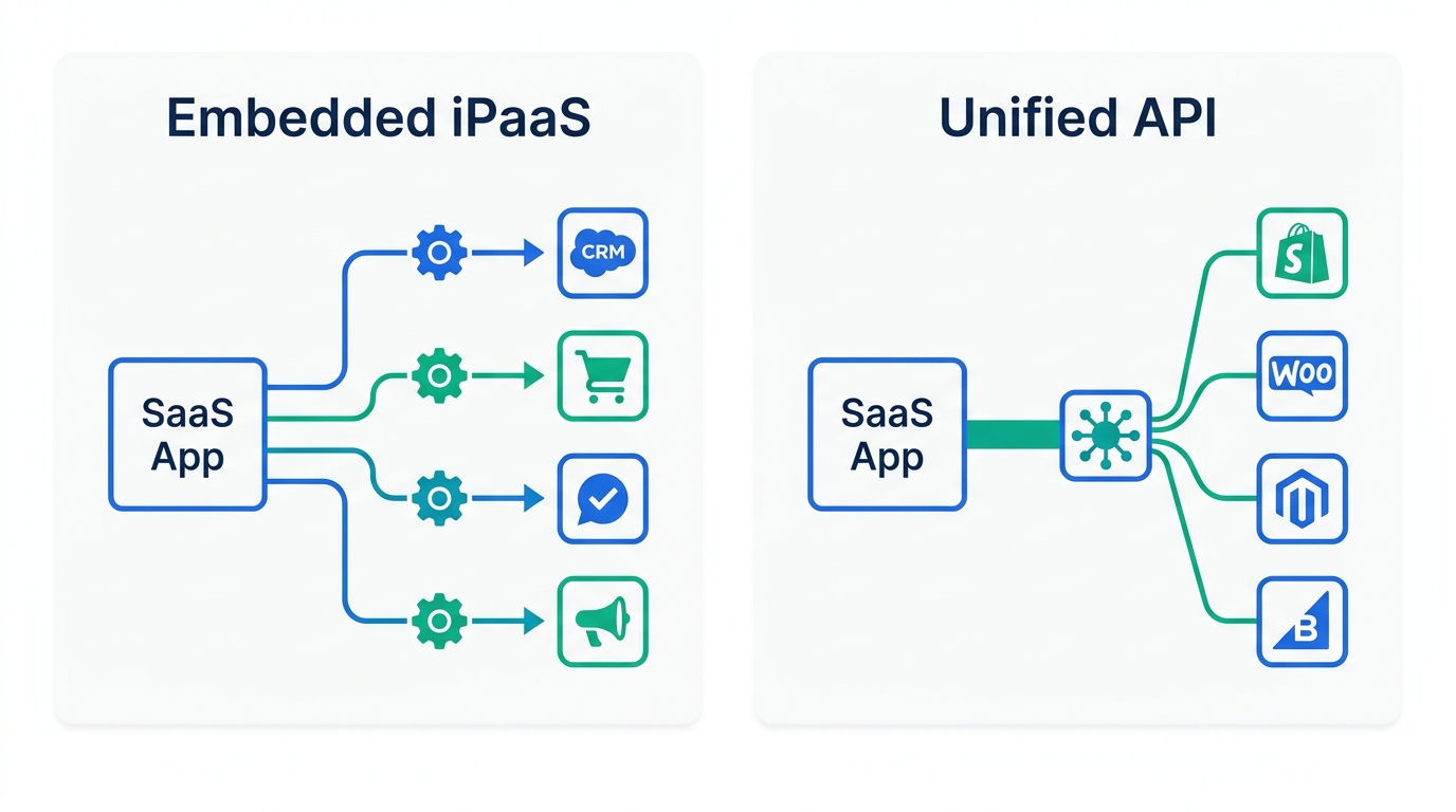 Diagram comparing embedded iPaaS, where a SaaS app has separate workflows with custom logic to each app, with a unified API, where one connection to a hub fans out to many apps in the same category