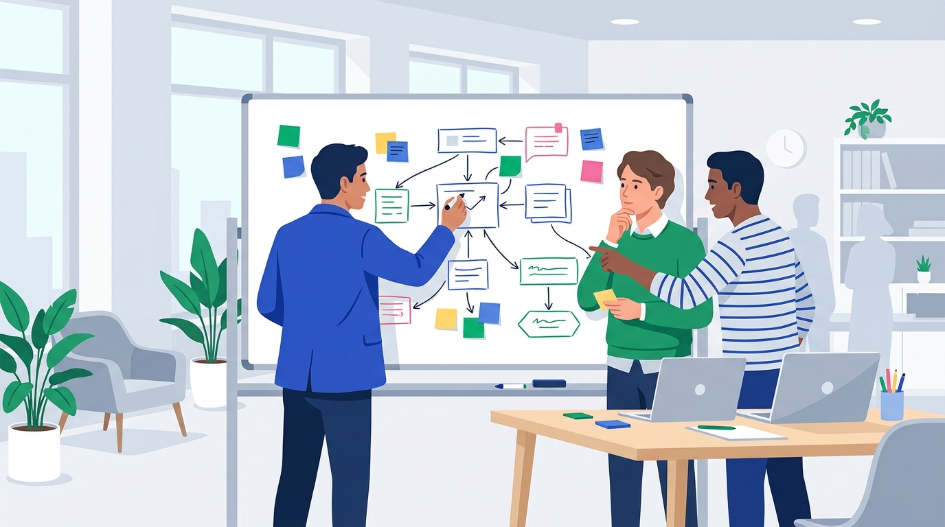 A B2B software team mapping integrations between SaaS tools on a whiteboard