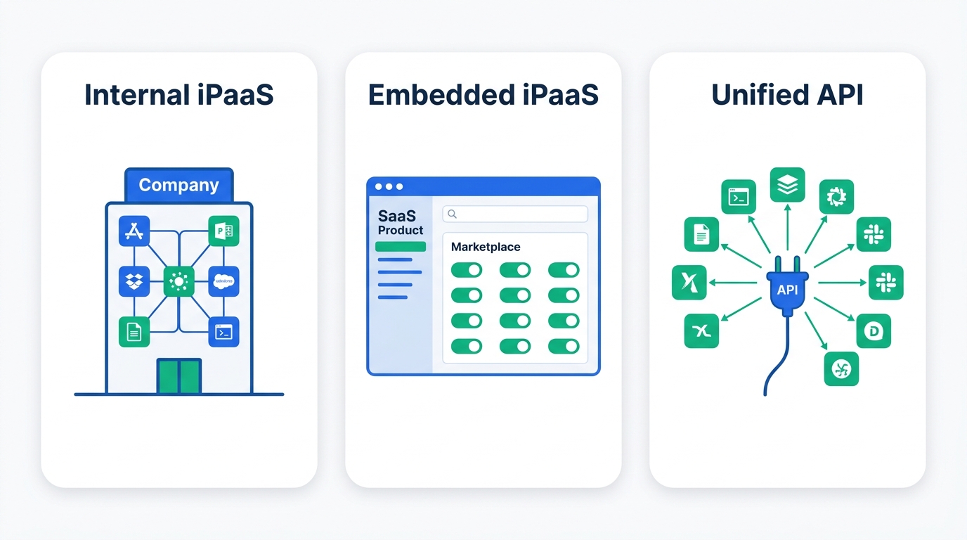Diagram of three integration jobs: internal iPaaS connecting a company's own apps, embedded iPaaS inside a SaaS product, and a unified API fanning out to many apps in one category