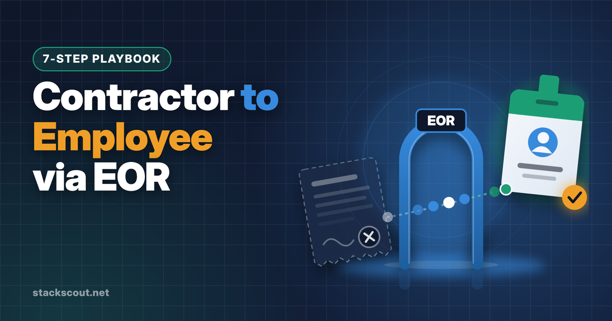 How to convert a contractor to an employee through an EOR: a contractor card moving into an EOR employment card along a seven-step path